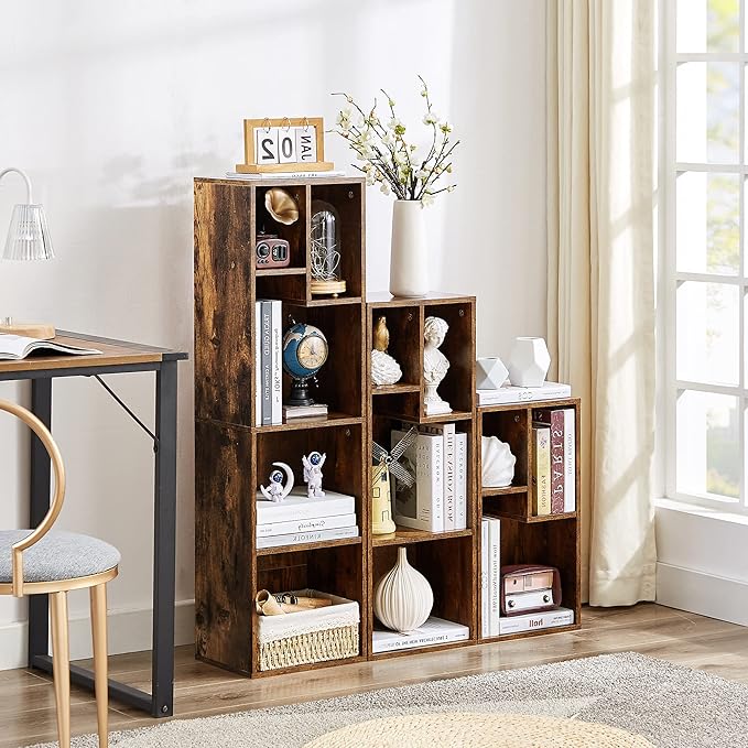 VECELO 3-Tier Small Bookcase, 4 Cube Bookshelf with Height Difference Shelves for Most Books, Modern Floor Standing Unit, Each Shelf Hold Up to 66 LBS for Living Room Bedroom, Rustic Brown