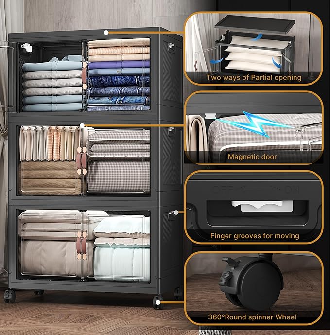 480Qt Stackable Storage Bins with Lids, 3 Pack Large Collapsible Bins with Wheels, Plastic Cabinet with Doors, Foldable Closet Organizers and Storage for Home, Dorm, Office, Black