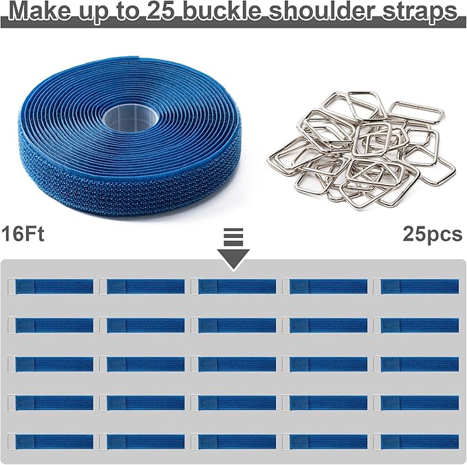 1" x16Ft Hook and Loop Straps and Cinch Straps with 25 Metal Buckles, Adjustable Fastening Cable Straps, Free Cut Length, Reusable Nylon Cable Ties for Organizer or Storage, Blue
