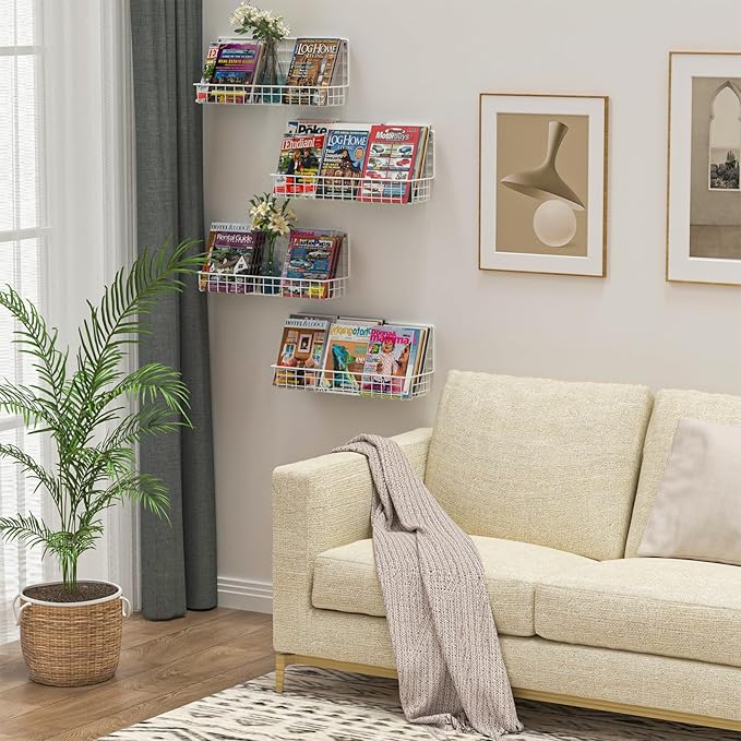 X-cosrack 4-Pack Wall Mounted Metal Kids Bookshelf, Floating Book Shelves for Kids Nursery Toddler Bedroom Classroom, Hanging Book Shelf Storage Organizer for Room Decor, White