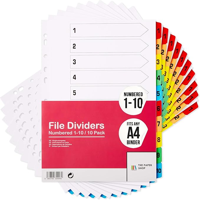 [10 Pack] A4 Binder Dividers with Tabs | 1-10 Numbered Dividers for 3 Ring Binder | Durable 3 Ring Binder Dividers with Tabs for Office, School & Home