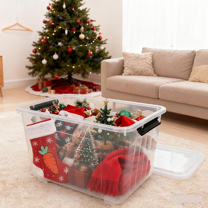 Xyskin 4-Pack 50 Quart Heavy Duty Plastic Storage Bins, Stackable Containers with Clear Lids & BlackLatches for Bedding, Clothing, Holiday Decor, Ideal for Garage & Closet