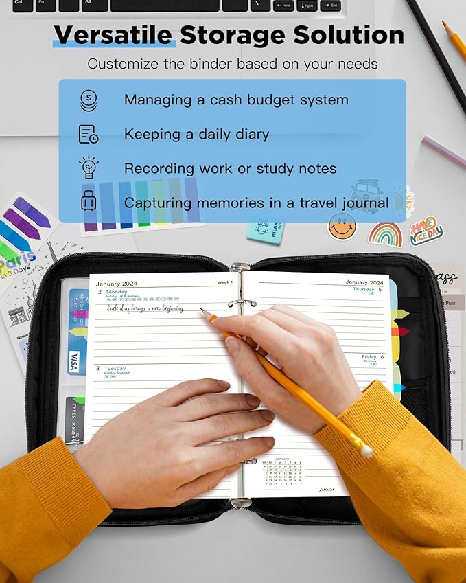 Zannaki A5 Zipper Binder, 6 Ring Personal Planner Journal Budget Binder Cover Case, Refillable Notebook Shell for Journal Diary File Album Photo Card Organizer Portable School Office Supplies, Black