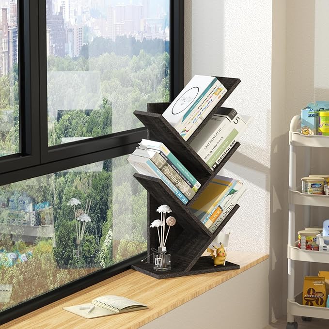 5 Tier Tree Book Shelf, Small Desktop Bookshelf with Storage Organizer, Wood Bookcase, Desk Display Bookshelves, Floor Standing Organizer Bookcases for Living Room,Bedroom,Office-Dark Grey