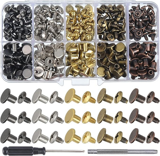 YORANYO 150 Sets 8MM Chicago Screws Leather Rivets for Fabric Chicago Binding Screws Buttons Metal Studs Rivets for Decorate and Repair Belts Bags Shoes Purse Dog Collar Leather Craft (Mixed Color)