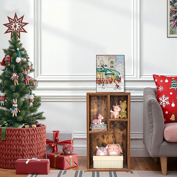 VECELO 3 Cube Small Bookcase, Fits Tallest Hardcovers, Horizontal Available, 2-Tier Modern Bookshelf, Storage Organizer for Small Spaces, Kids Room, Bedroom Living Room, Rustic Brown