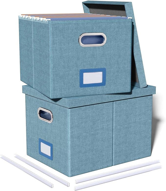 2 Pack File Storage Organizer, Filing Box, Portable File Box with Lid, Fit for Letter/Legal File Folder Storage, Document Organizer, Dark-blue