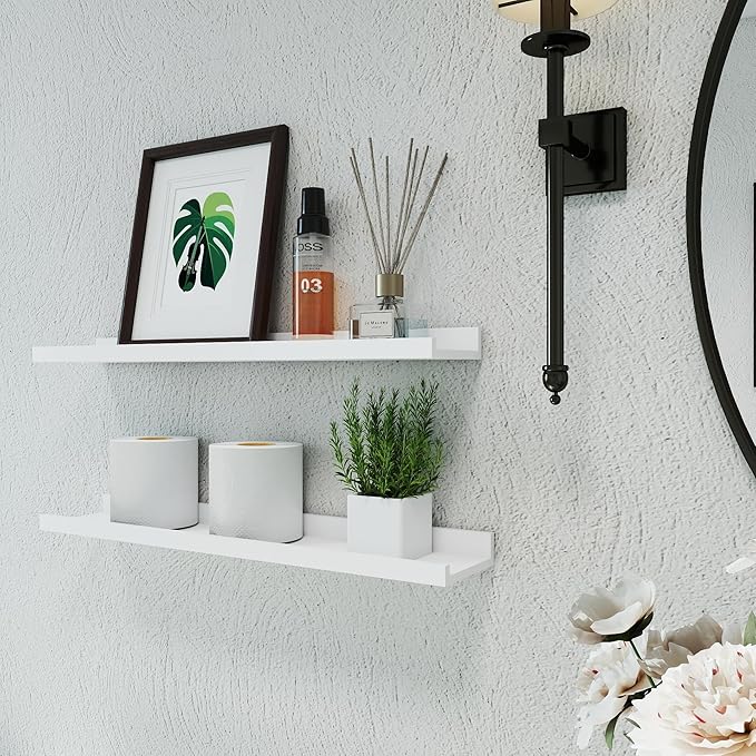 White Floating Shelves for Wall Decor, Long Wall Mounted Storage Shelf for Bedroom, Living Room, Bathroom, Kitchen, Nursery, Display Picture Ledge Shelf with Lip Set of 2-24 Inches, White