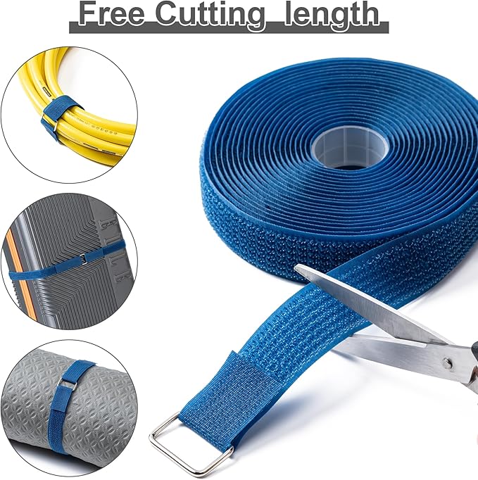1" x16Ft Hook and Loop Straps and Cinch Straps with 25 Metal Buckles, Adjustable Fastening Cable Straps, Free Cut Length, Reusable Nylon Cable Ties for Organizer or Storage, Blue