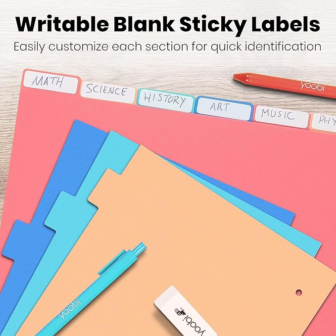 Yoobi .5 Inch Multicolor Binder & 8-Tab Divider Set, 4-Pack of 3-Ring Binders with 2 Pockets, 4-Pack of Binder Organizer Tabs w/Blank Sticky Labels, Perfect for School, Home or Office, 1/2 Inch