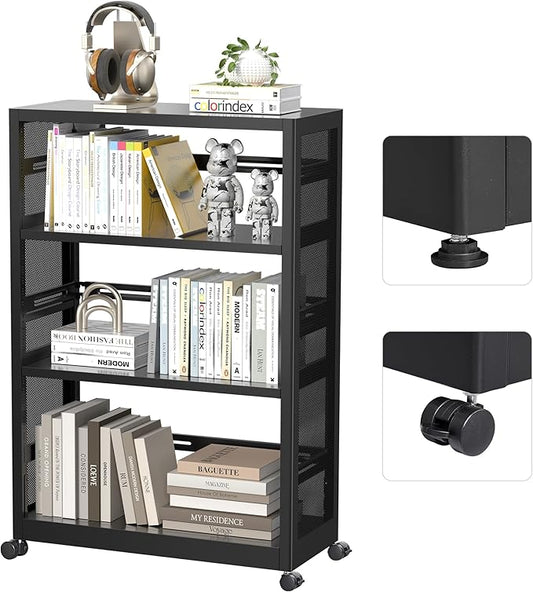 [Industrial Grade] Metal 3 Tier Bookshelf with Wheels and Adjustable Feet, Heavy Duty 3 Shelf Bookcase for Small Space, Rolling Bookcase for Living Room, Home Office, Library, Assembly Required, Black