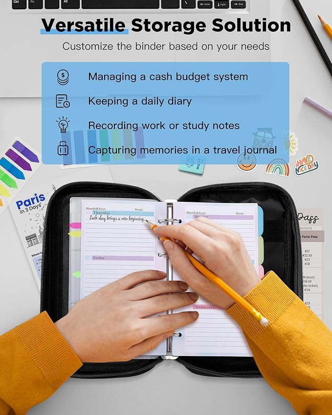 Zannaki A6 Zipper Binder, 6 Ring Personal Planner Journal Budget Binder Cover Case, Refillable Notebook Shell for Cash Envelope Loose Leaf Filler Paper Organizer Portable School Office Supplies, Black