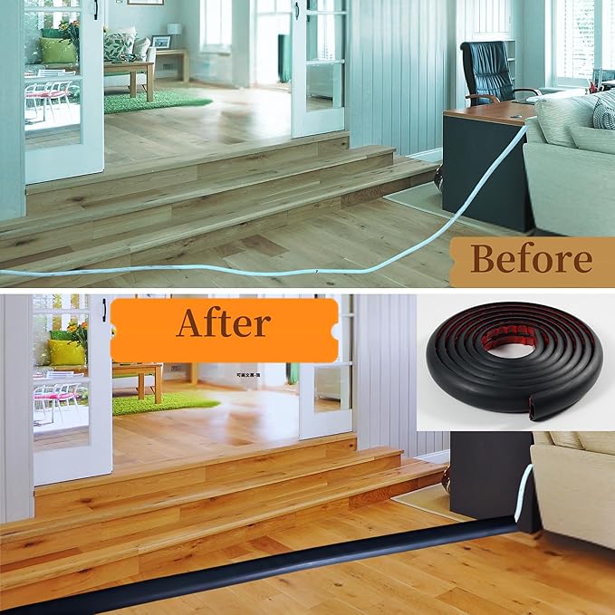 10ft Self Adhesive Floor Cord Cover, Cable Cavity:0.61" (W) x 0.32" (H), Heavy Duty Soft PVC Cable Protector and Extension Cord Hider,Cord Management System to Hide Wires on Floor, White