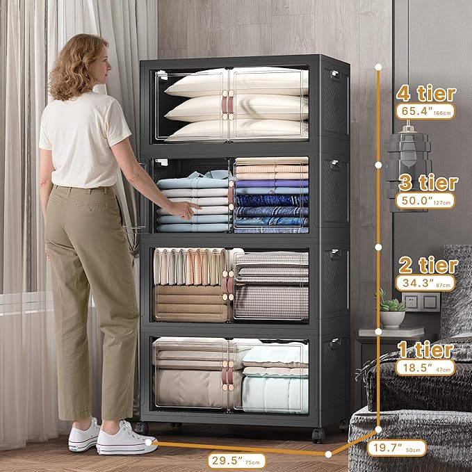 1280Qt Stackable Storage Bins with Lids, 8 Pack Large Collapsible Bins with Wheels, Plastic Cabinet with Doors, Foldable Closet Organizers and Storage for Home, Dorm, Office, Black