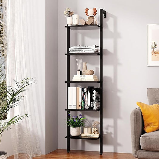 YMYNY 5 Tiers Narrow Ladder Bookcase, Industrial Wall Mounted Bookshelf, Open Display Rack with Metal Frame, Wooden Storage Shelves for Bedroom, Home Office, Living Room, Black, 70*17.3*11.8"UHBC015B