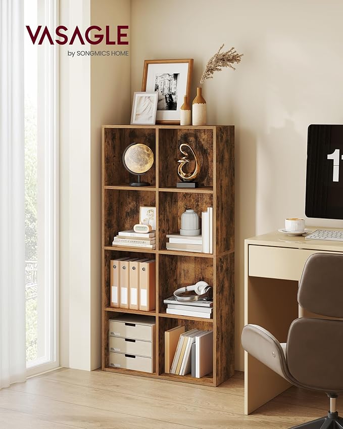 VASAGLE Custos Collection - Bookshelf, Bookcase, Cube Shelf with 8 Compartments, 9.4 x 25.8 x 51 Inches, Storage Shelf, for Living Room, Home Office, Dining Room, Rustic Brown ULBC424K01