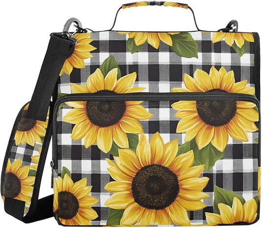 Zipper Binder Bag, Sunflowers Plaid Pattern 1.5 inch 3-Ring Binder & Multiple Pockets, 500 Sheets Capacity Expanding File Folder with Shoulder Straps & Handles for School Work Office
