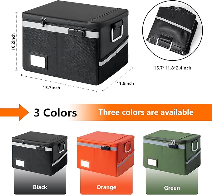 2000°F Fireproof & Waterproof Document Box with Lock, Collapsible Portable Organizer for Office Files, Safe Storage for Hanging Letter/Legal Folders (Orange, 14.2x110.6x4.1in)