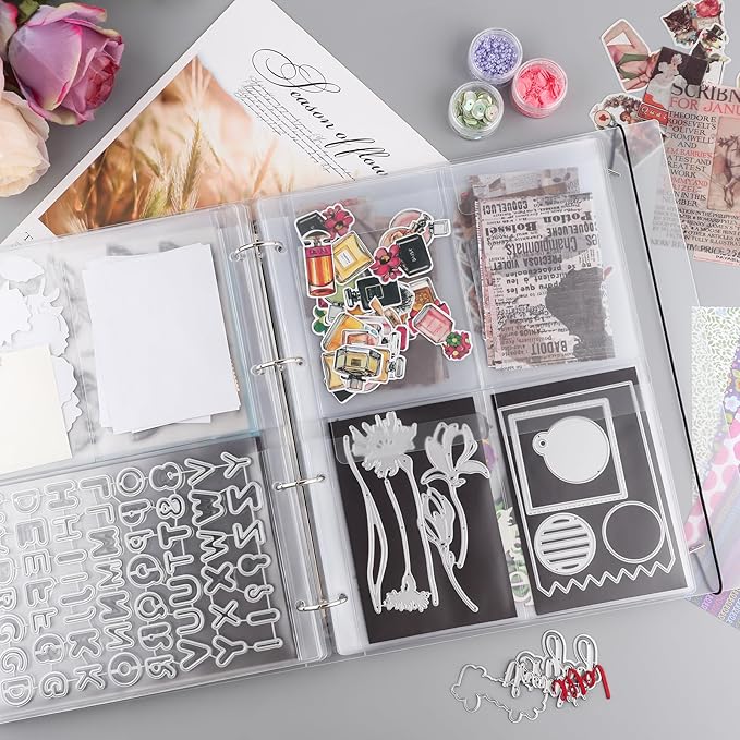 10 Pack A4 Size Plastic Binder Pockets,4 Holes Waterproof PVC Folders Loose Leaf Bag forBudgeting Loose Leaf Bags Planner Insert Pouches Photo,Document, Stamp & Die Storage Bills Organizer(4 Grid)