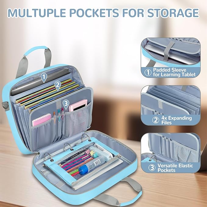 Yarwo 3 Ring Zipper Binder with Binder Pouch, Expanding File Organizer with Padded Sleeve Fit for 14 Inch Laptop, Portable Document Organizer Bag for Home, College, Office Supplies, Blue