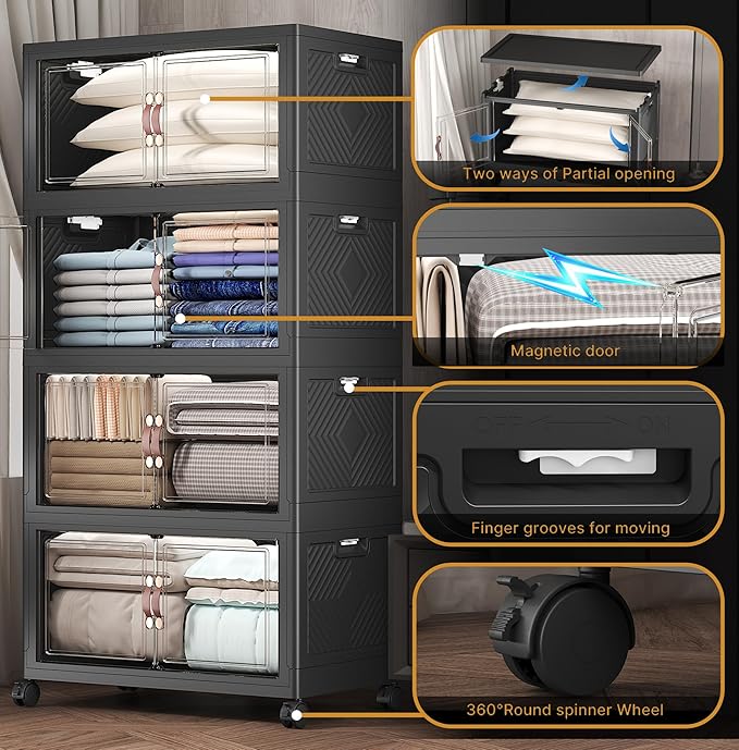 1280Qt Stackable Storage Bins with Lids, 8 Pack Large Collapsible Bins with Wheels, Plastic Cabinet with Doors, Foldable Closet Organizers and Storage for Home, Dorm, Office, Black