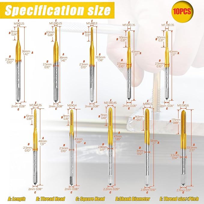 10pcs Micro Metric Taps Bits Set with 1Pc Tap Wrench,M1-M3.5 Mini Machine Screw Tap Set, Small Thread Screws Tapping Bits Tool