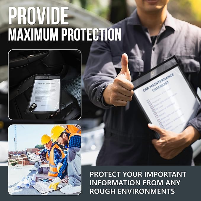 10 Pack Job Ticket Holders 9x12 - Clear Sheet Protectors - Reusable Dry Erase Pocket Sleeves for Shop, Office & Classroom - Clear Work Order Plastic Sleeves & Shop Ticket Holders with Hanging Eyelet