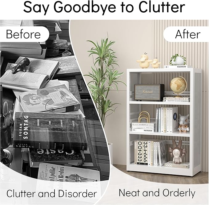 [Industrial Grade] Mobile 3 Tier Bookshelf, Metal 3 Shelf Bookcase on Wheels, Heavy Duty Book Shelf for Small Space, Book Case for Home Office, Living Room, School, Assembly Required, White