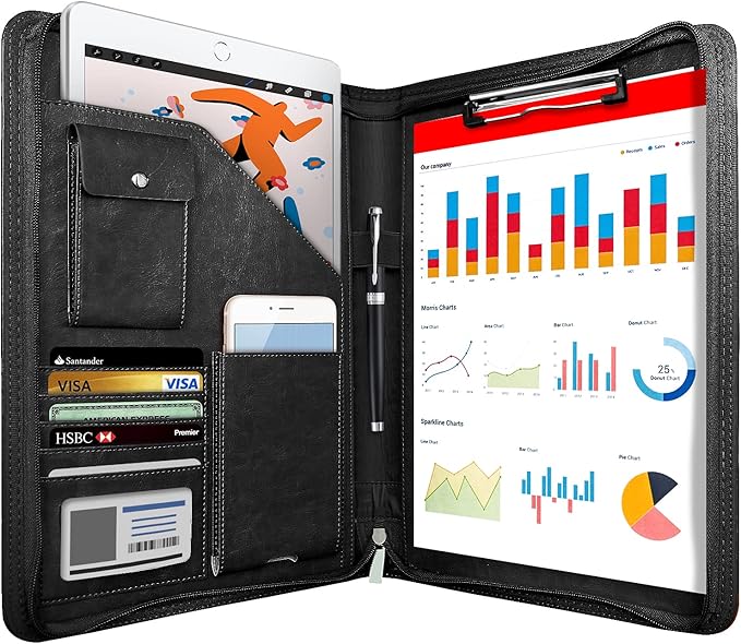 Zippered Padfolio Organizer, WRIYES Leather Planner Binder, 10.2 Inch Portfolio Folder for Documents, Letter Size Business Card Holder for Men&Women (Black)