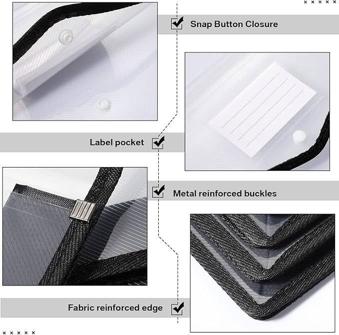 10 Pieces Plastic File Folders Envelope Expanding File Wallet Organizer Documents Folder with Snap Closure and Pocket, A4 Size Waterproof Transparent Pouch(Black,Horizontal)