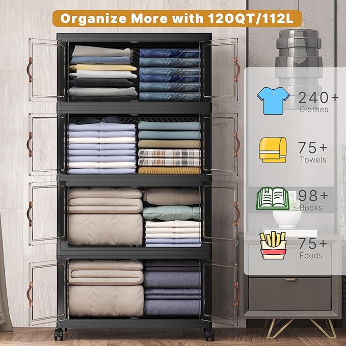 480Qt Stackable Storage Bins with Lids, 4 Pack Large Collapsible Bins with Wheels, Plastic Cabinet with Doors, Foldable Closet Organizers and Storage for Home, Dorm, Office, Black