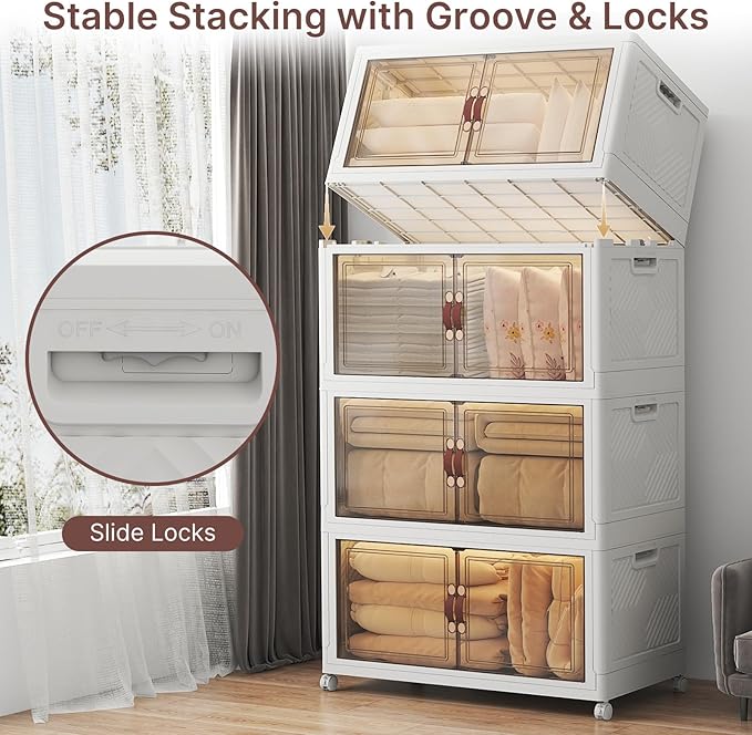 1280Qt Stackable Storage Bins with Lids, 8 Pack Large Collapsible Bins with Wheels, Plastic Cabinet with Doors, Foldable Closet Organizers and Storage for Home, Dorm, Office, White