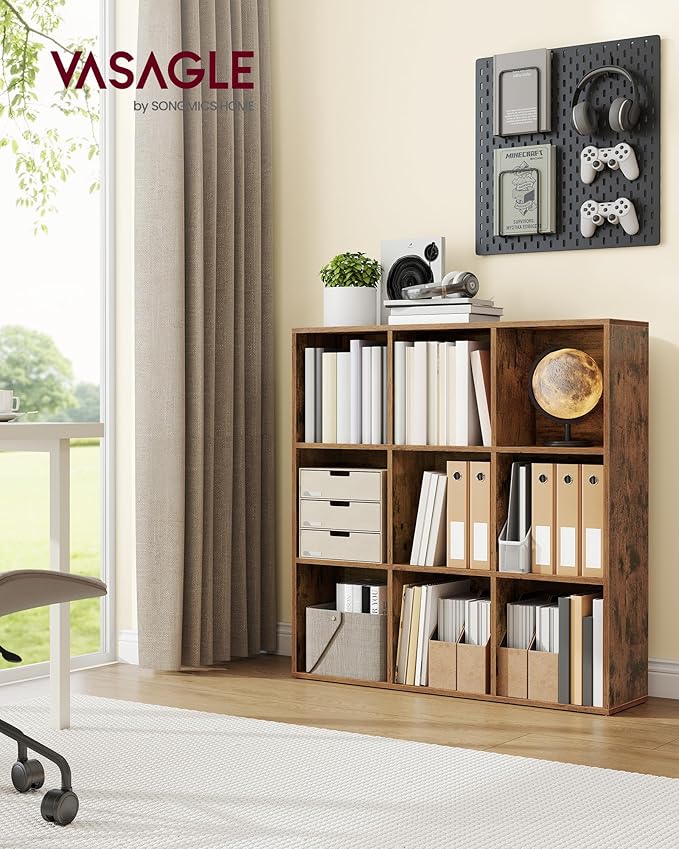 VASAGLE Custos Collection - Bookshelf, Bookcase, Cube Shelf with 9 Compartments, 9.4 x 38.6 x 38.6 Inches, Storage Shelf, for Living Room, Home Office, Dining Room, Rustic Brown ULBC477K01