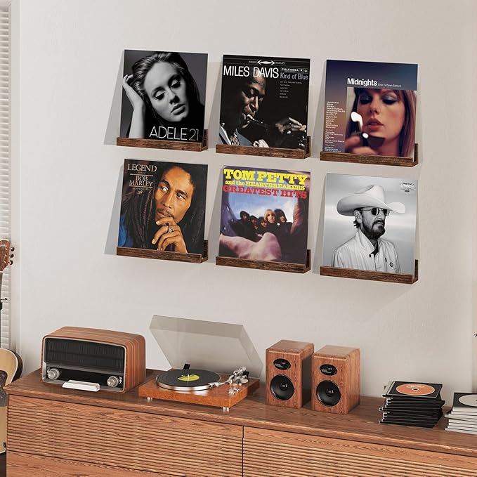 Vinyl Record Shelf Wall Mount, 12 inch Wooden Album Record Holder Display, Pack of 6 Floating Shelves for Wall, Magazine Rack, Kids Bookshelf for Bedroom, Living Room, Rustic Brown