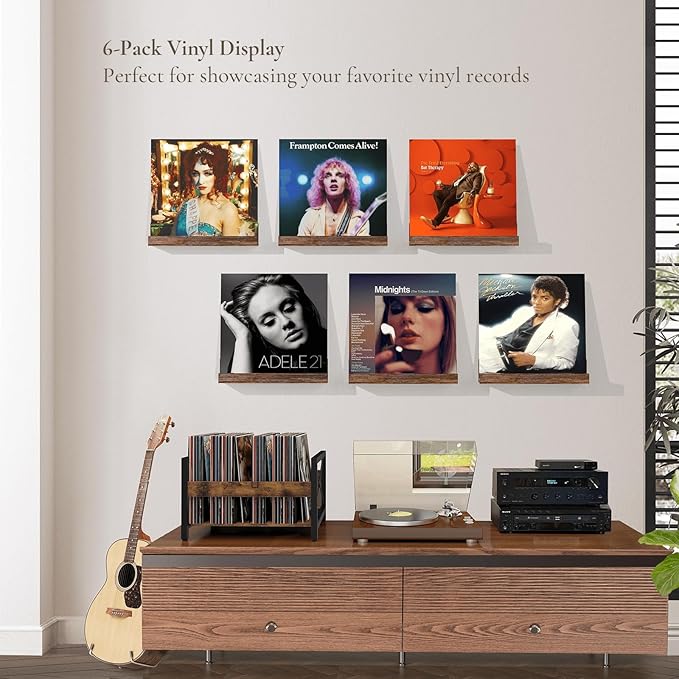 Vinyl Record Shelf Wall Mount, 12 inch Wooden Album Record Holder Display, Pack of 6 Floating Shelves for Wall, Magazine Rack, Kids Bookshelf for Bedroom, Living Room, Rustic Brown