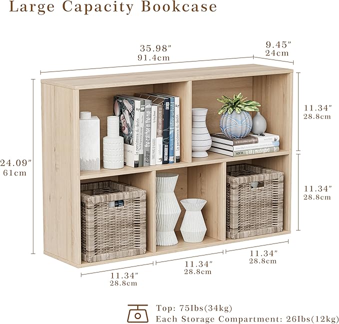 Wooden Cube Storage Organizer with Closed Back Panel, 11in Cube Shelf Opening, Bookshelf, Display Shelf,Closet Cabinet for Home and Office (White Oak, 5-Cube 35.98L*9.45W*24.09H)