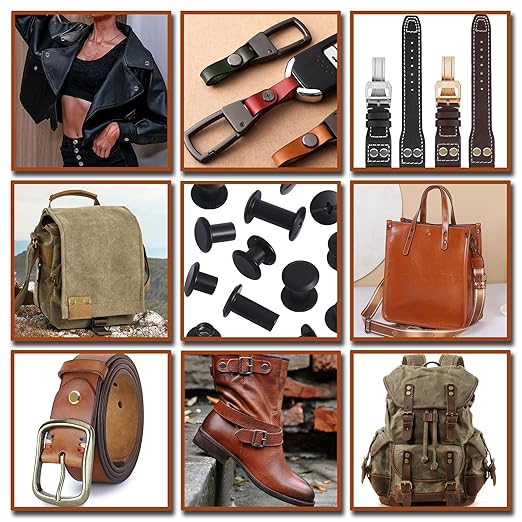 100Sets Black Chicago Screws Leather Rivets Kit for Fabric Leather Crafting Assorted 6 Sizes Chicago Binding Screws for Decorate and Repair Belt Bag Shoes Purse Pet Collar Clothing Bookbinding