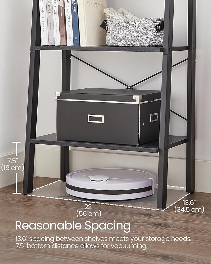 VASAGLE Ladder Shelf, 4-Tier Bookshelf, Storage Rack, Bookcase with Steel Frame, for Living Room, Home Office, Kitchen, Bedroom, Industrial Style, Charcoal Gray and Ink Black ULLS044B04