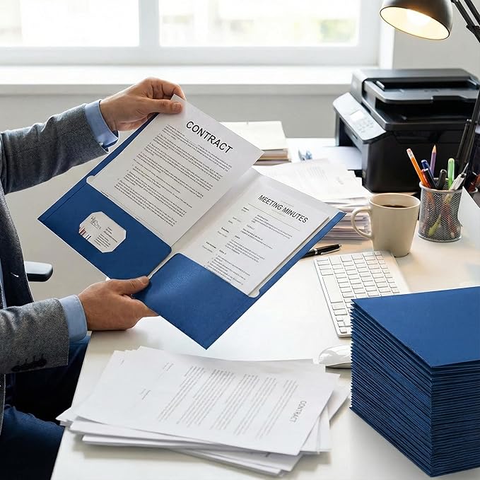 Zzrywuty File Folders with Pockets Letter Size, 100-Pack Paper Folders with Card Slot, Two Pocket Folders for School Students, Businessmen, Home and Office Workers（Blue）