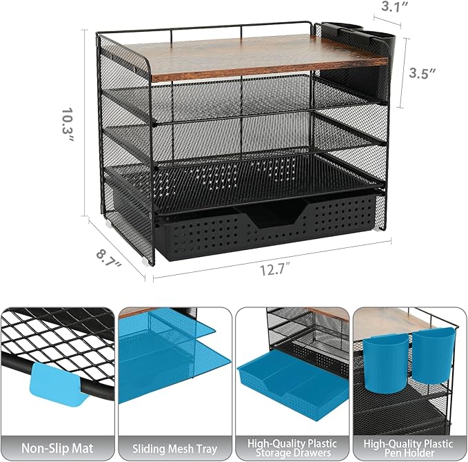Wood Desk Organizer and Accessories, 5-Tier Paper Letter Tray Organizer with Drawer & 2 Pen Holders for Desktop File Organization, Office Desk Accessories for Supplies Storage (Wood)
