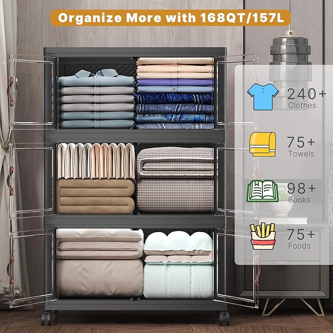 480Qt Stackable Storage Bins with Lids, 3 Pack Large Collapsible Bins with Wheels, Plastic Cabinet with Doors, Foldable Closet Organizers and Storage for Home, Dorm, Office, Black