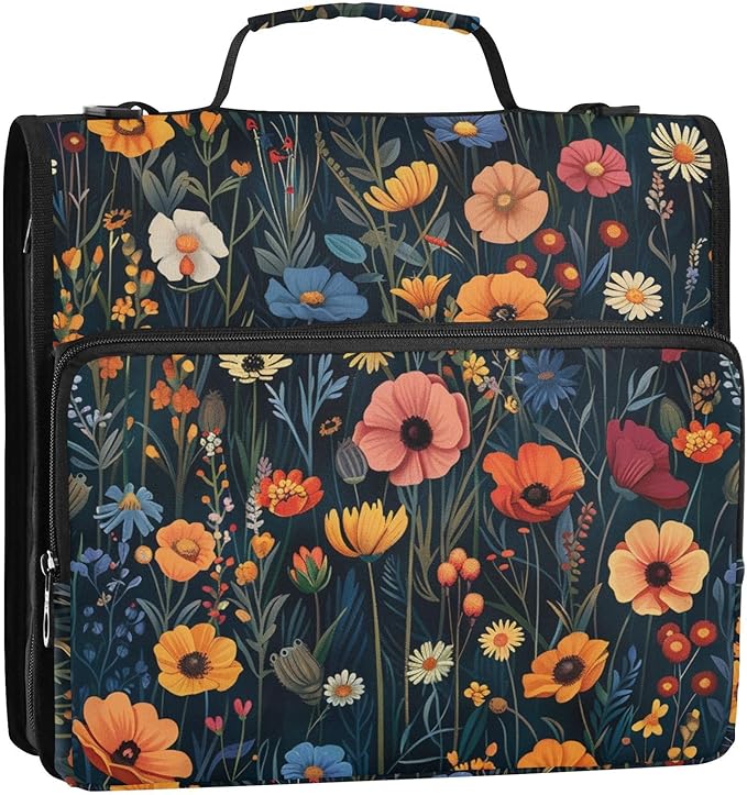 Vibrant Wildflowers Colorful Zipper Binder with Shoulder Strap Bag 3 Ring Binder Organizer Large Capacity Multiple Compartments for School Office