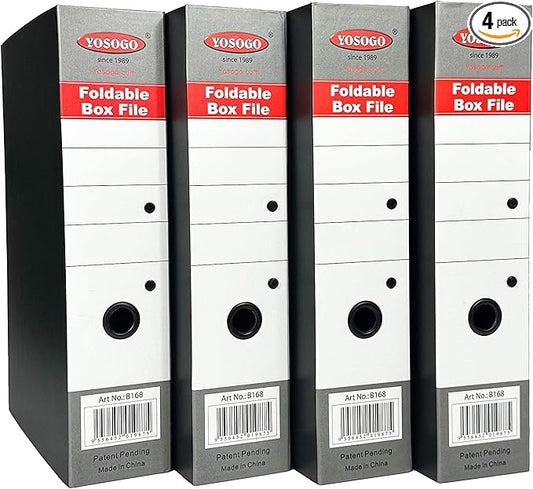 Yosogo Folding Box File Binder Folder - Portable and Convenient Document Organizer with Magnetic Closure - Instantly Fold/Unfold to Save Space. Made from Eco-Friendly Recycled Carboard. (Pack of 4)