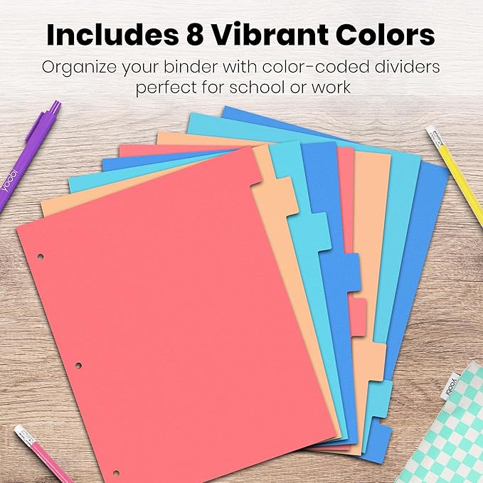 Yoobi .5 Inch Multicolor Binder & 8-Tab Divider Set, 4-Pack of 3-Ring Binders with 2 Pockets, 4-Pack of Binder Organizer Tabs w/Blank Sticky Labels, Perfect for School, Home or Office, 1/2 Inch