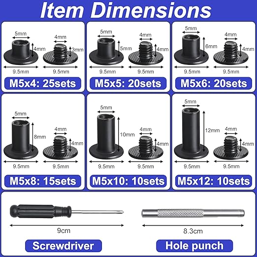100Sets Black Chicago Screws Leather Rivets Kit for Fabric Leather Crafting Assorted 6 Sizes Chicago Binding Screws for Decorate and Repair Belt Bag Shoes Purse Pet Collar Clothing Bookbinding