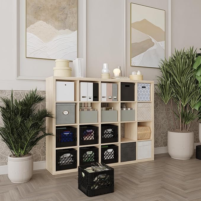 13 in. x 13 in. x 11 in. Heavy-Duty Black 16 Qt Milk Crate – Stackable Storage Container with Handles