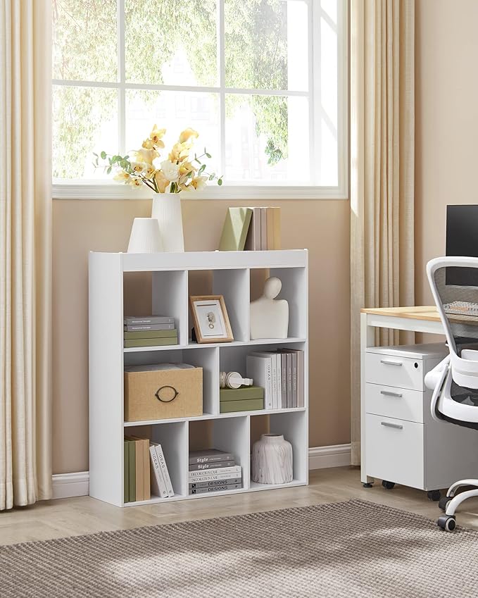 VASAGLE Bookcase, Bookshelf, Freestanding Storage Unit, 8 Open Compartments, Used Horizontally, Vertically, Upside Down, 11 x 35.4 x 39.4 Inches, for Living Room, Study, Office, Cloud White ULBC55WT