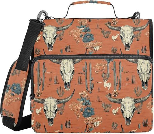 Western Desert Boho Cow Skulls Zipper Binder with Shoulder Strap Trapper Keeper 3 Ring Binder Organizer Large Capacity Multiple Compartments for School Office