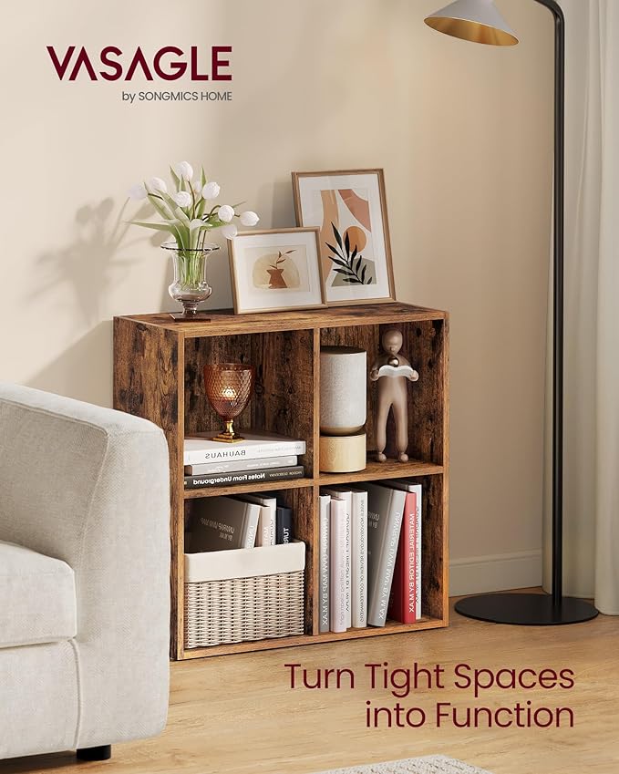 VASAGLE Custos Collection - Bookshelf, Bookcase, Cube Shelf with 4 Compartments, 9.4 x 26 x 26 Inches, Storage Shelf, for Living Room, Home Office, Dining Room, Rustic Brown ULBC476K01