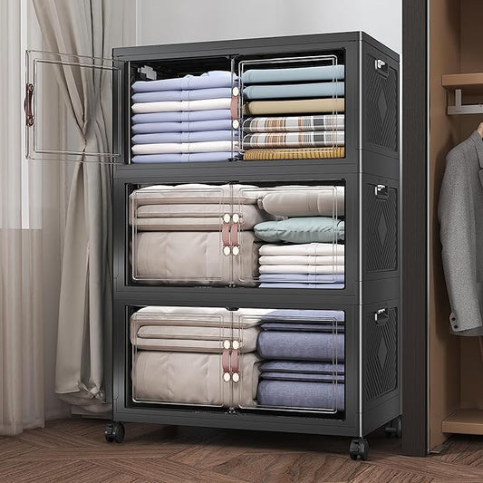 360Qt Stackable Storage Bins with Lids, 3 Pack Large Collapsible Bins with Wheels, Plastic Cabinet with Doors, Foldable Closet Organizers and Storage for Home, Dorm, Office, Black